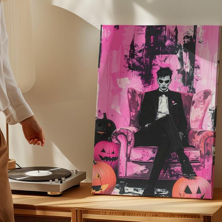 Gothic Halloween Portrait Canvas – Pink & Black Art with Jack-O’-Lanterns - Gifitto