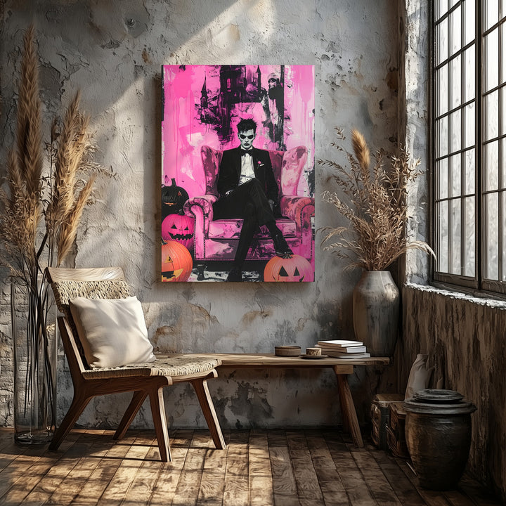 Gothic Halloween Portrait Canvas – Pink & Black Art with Jack-O’-Lanterns - Gifitto