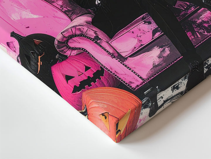 Gothic Halloween Portrait Canvas – Pink & Black Art with Jack-O’-Lanterns - Gifitto