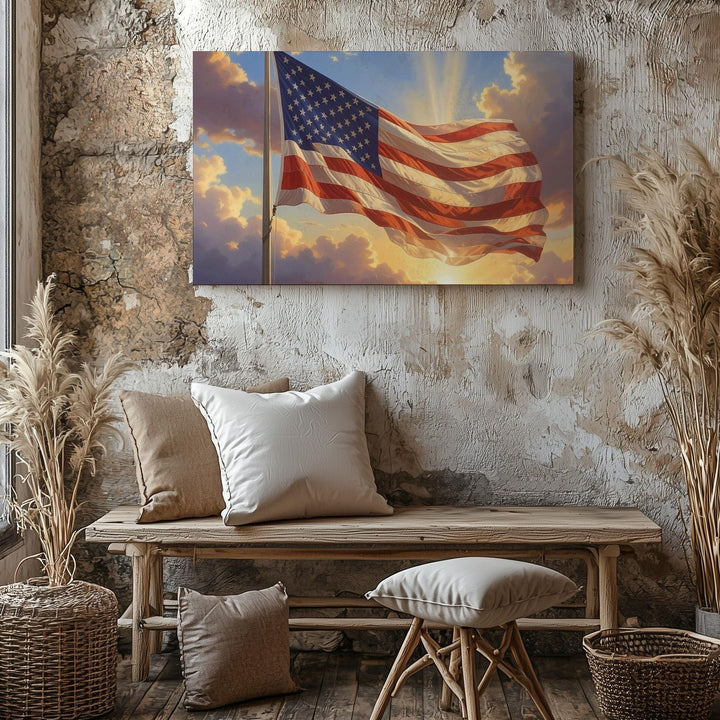 Glowing American Flag Canvas – Sunlit Symbol of Strength & Patriotism - Gifitto