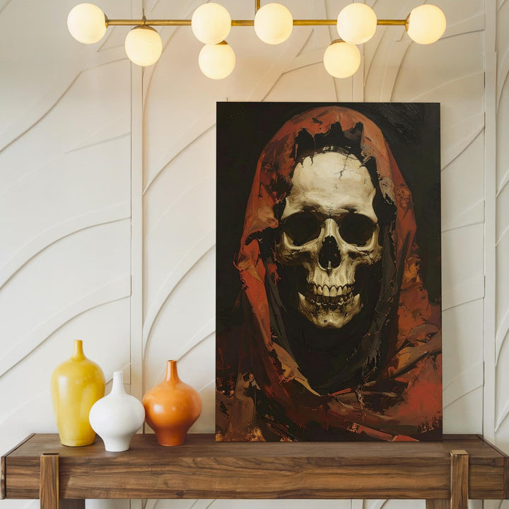 Hooded Skull Figure Canvas – Dark Crimson Grim Reaper Portrait Art - Gifitto