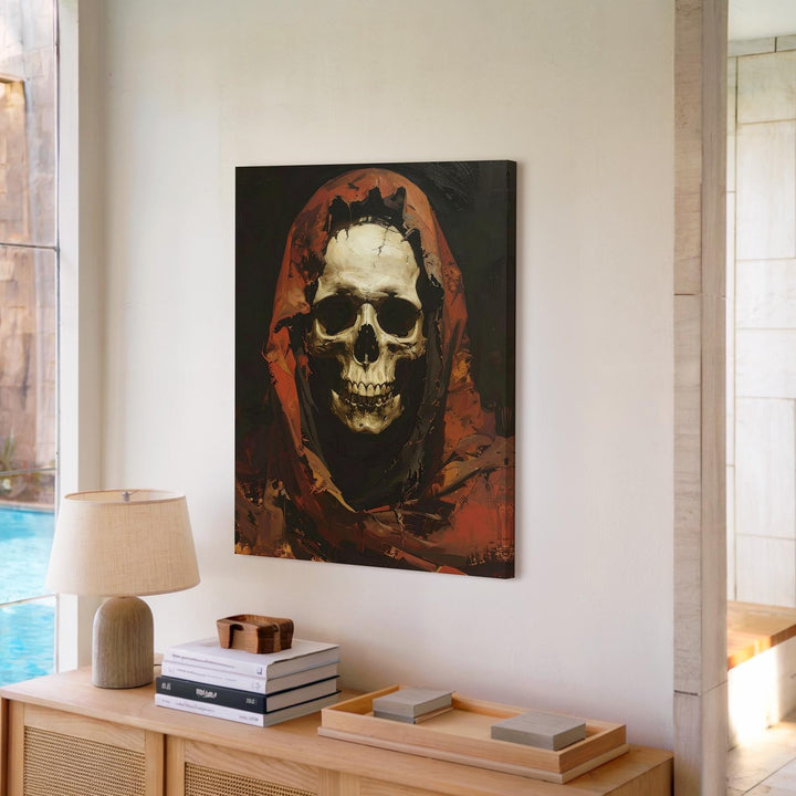 Hooded Skull Figure Canvas – Dark Crimson Grim Reaper Portrait Art - Gifitto