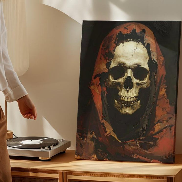 Hooded Skull Figure Canvas – Dark Crimson Grim Reaper Portrait Art - Gifitto