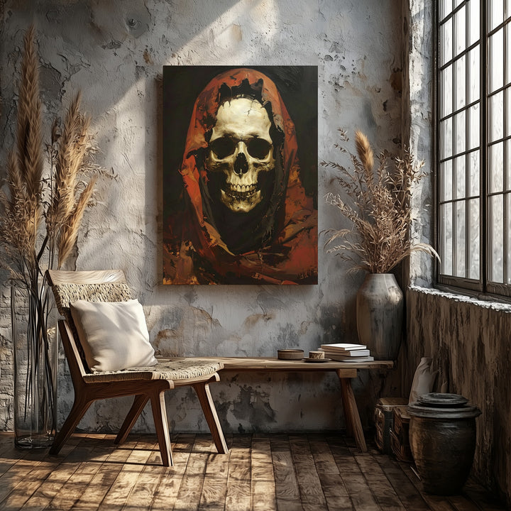 Hooded Skull Figure Canvas – Dark Crimson Grim Reaper Portrait Art - Gifitto