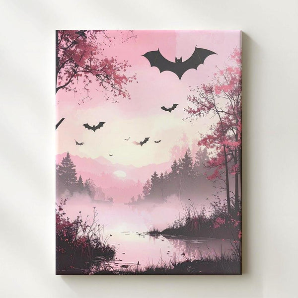 Misty Pink Landscape Canvas – Silhouetted Trees & Flying Bats Art - Gifitto