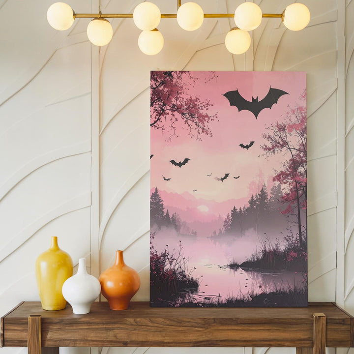 Misty Pink Landscape Canvas – Silhouetted Trees & Flying Bats Art - Gifitto