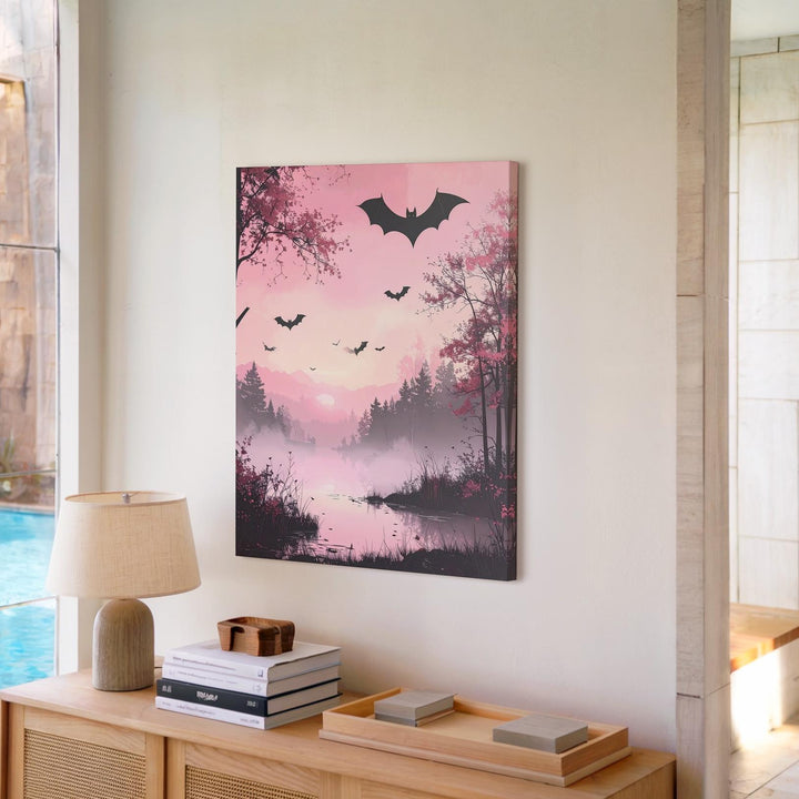 Misty Pink Landscape Canvas – Silhouetted Trees & Flying Bats Art - Gifitto