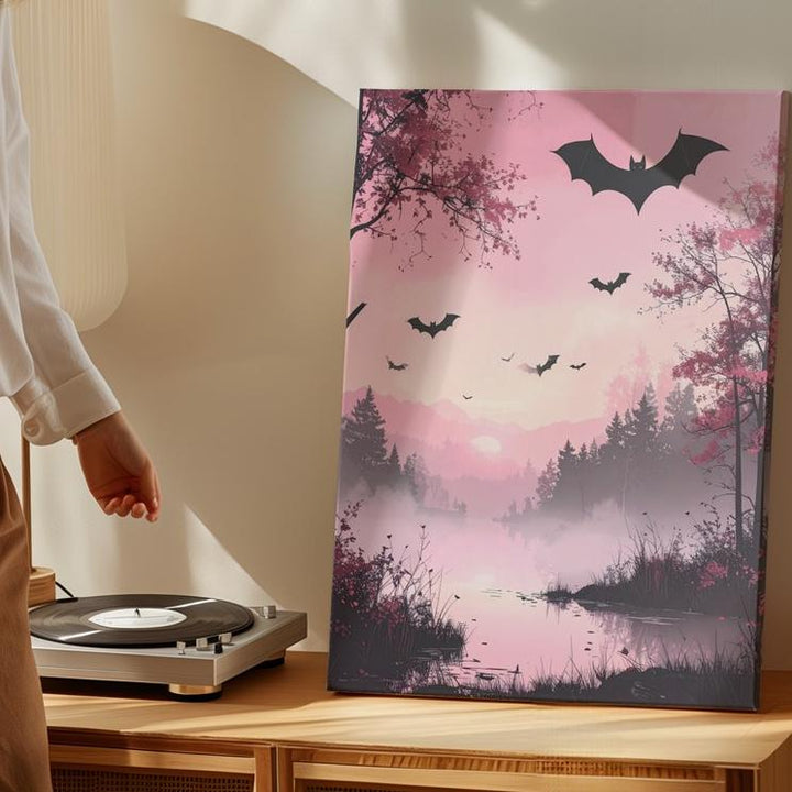 Misty Pink Landscape Canvas – Silhouetted Trees & Flying Bats Art - Gifitto