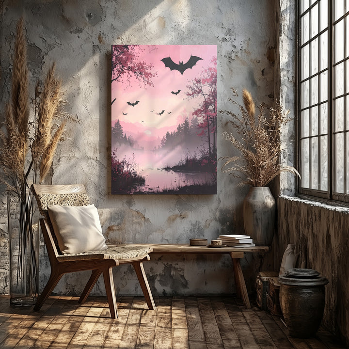 Misty Pink Landscape Canvas – Silhouetted Trees & Flying Bats Art - Gifitto