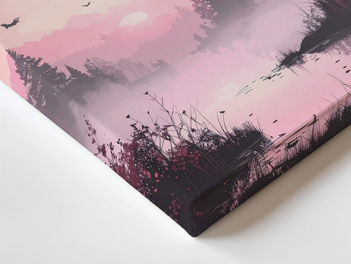 Misty Pink Landscape Canvas – Silhouetted Trees & Flying Bats Art - Gifitto