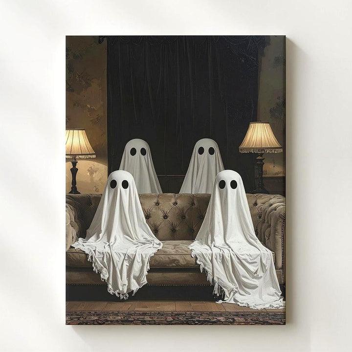 Parlor Ghosts Canvas – Retro Halloween Sofa Scene with Sheet Spirits - Gifitto