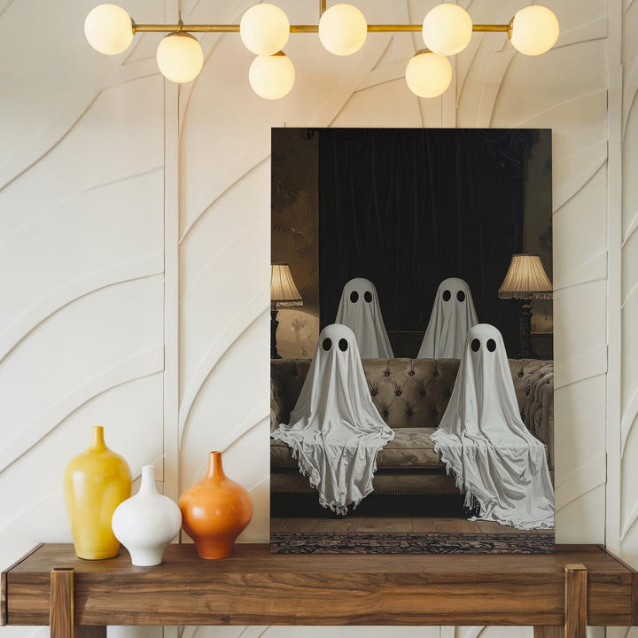 Parlor Ghosts Canvas – Retro Halloween Sofa Scene with Sheet Spirits - Gifitto