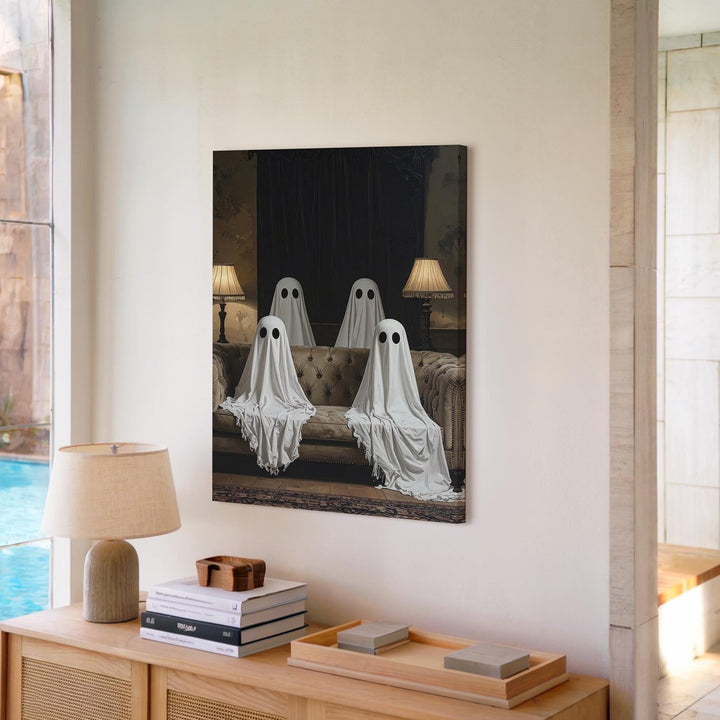 Parlor Ghosts Canvas – Retro Halloween Sofa Scene with Sheet Spirits - Gifitto