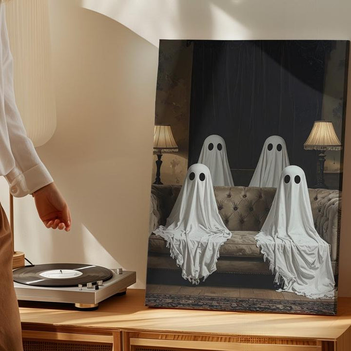 Parlor Ghosts Canvas – Retro Halloween Sofa Scene with Sheet Spirits - Gifitto