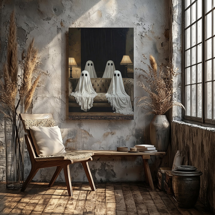 Parlor Ghosts Canvas – Retro Halloween Sofa Scene with Sheet Spirits - Gifitto