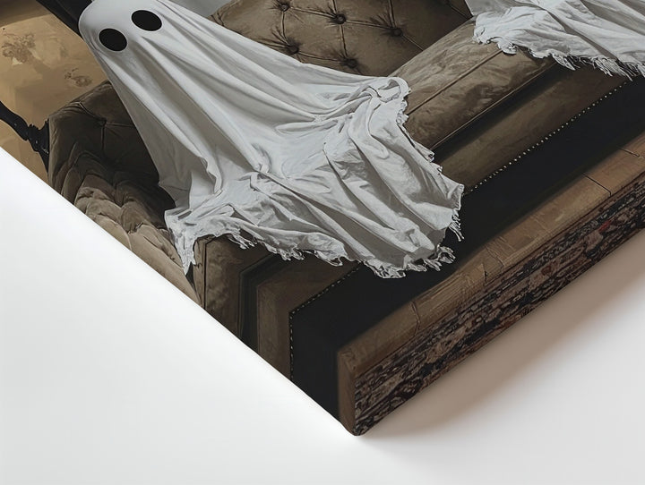 Parlor Ghosts Canvas – Retro Halloween Sofa Scene with Sheet Spirits - Gifitto