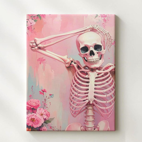 Ballet Skeleton Canvas – Pastel Pink Floral Halloween Wall Art - Gifitto