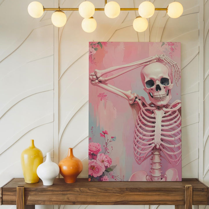 Ballet Skeleton Canvas – Pastel Pink Floral Halloween Wall Art - Gifitto