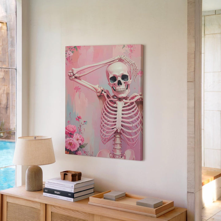 Ballet Skeleton Canvas – Pastel Pink Floral Halloween Wall Art - Gifitto