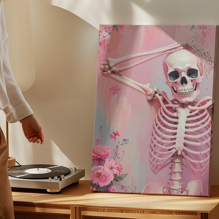 Ballet Skeleton Canvas – Pastel Pink Floral Halloween Wall Art - Gifitto