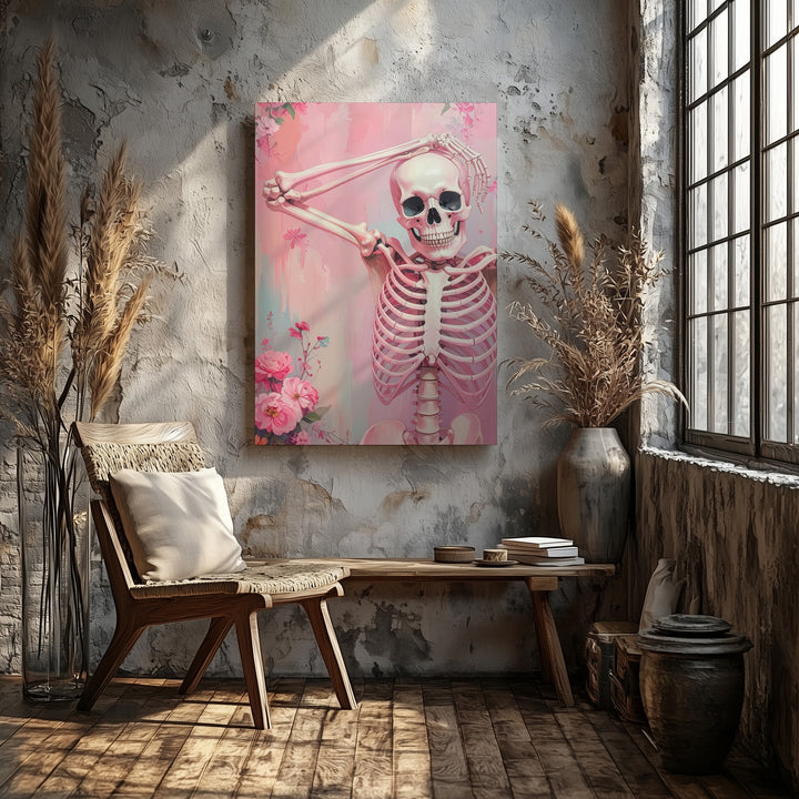 Ballet Skeleton Canvas – Pastel Pink Floral Halloween Wall Art - Gifitto
