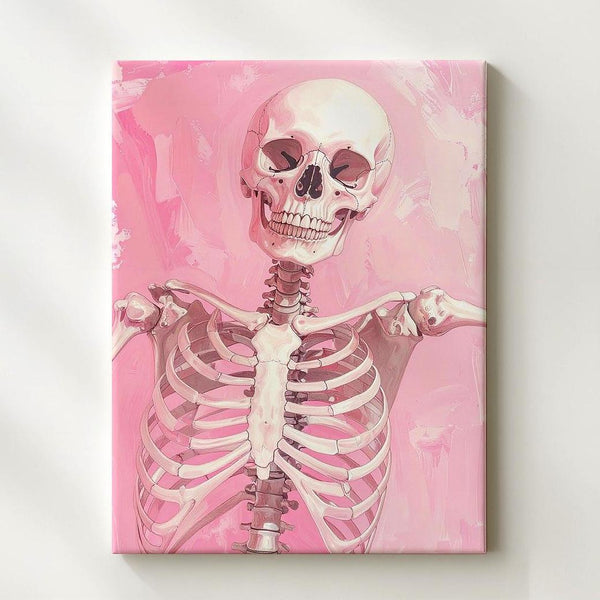 Carefree Skeleton Canvas – Playful Pose & Soft Pink Background Art - Gifitto
