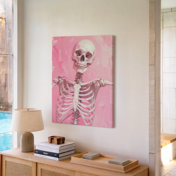 Carefree Skeleton Canvas – Playful Pose & Soft Pink Background Art - Gifitto
