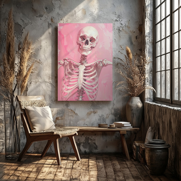 Carefree Skeleton Canvas – Playful Pose & Soft Pink Background Art - Gifitto