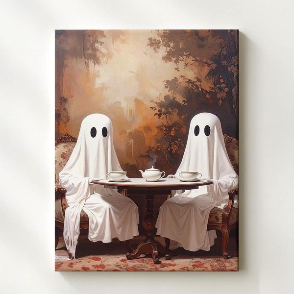 Sepia Ghost Tea Portrait Canvas – Whimsical Vintage Halloween Wall Art - Gifitto