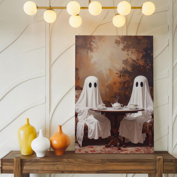 Sepia Ghost Tea Portrait Canvas – Whimsical Vintage Halloween Wall Art - Gifitto