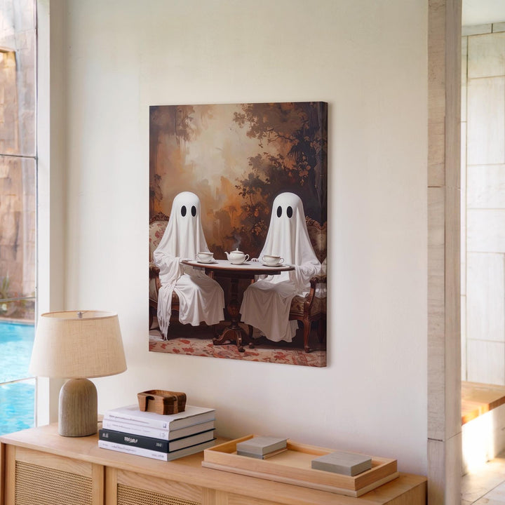 Sepia Ghost Tea Portrait Canvas – Whimsical Vintage Halloween Wall Art - Gifitto