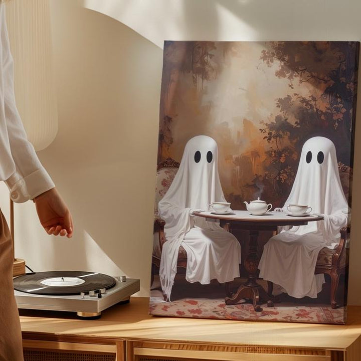 Sepia Ghost Tea Portrait Canvas – Whimsical Vintage Halloween Wall Art - Gifitto