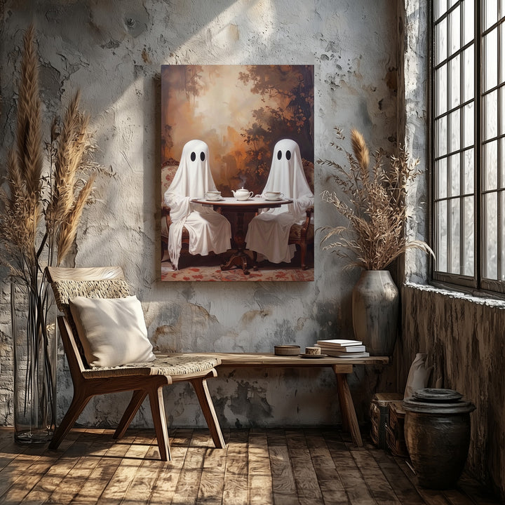 Sepia Ghost Tea Portrait Canvas – Whimsical Vintage Halloween Wall Art - Gifitto