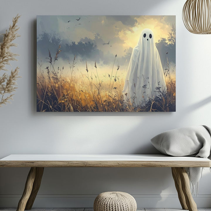 Autumn Ghost in Wheat Field Canvas – Haunting Halloween Dusk Print - Gifitto
