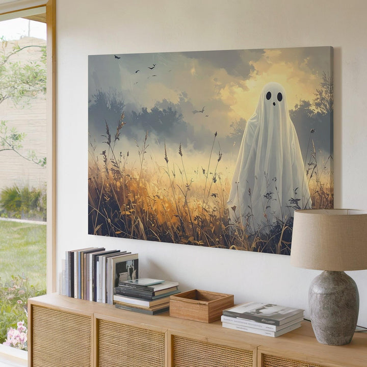 Autumn Ghost in Wheat Field Canvas – Haunting Halloween Dusk Print - Gifitto