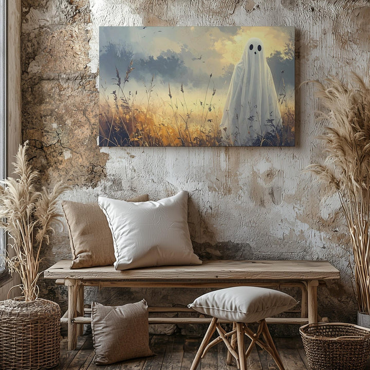 Autumn Ghost in Wheat Field Canvas – Haunting Halloween Dusk Print - Gifitto
