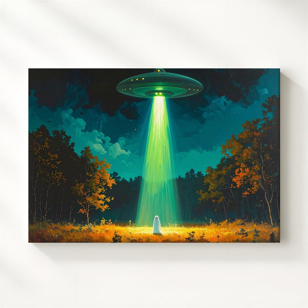 Ghost & UFO Forest Encounter Canvas – Whimsical Halloween Sci-Fi Art - Gifitto