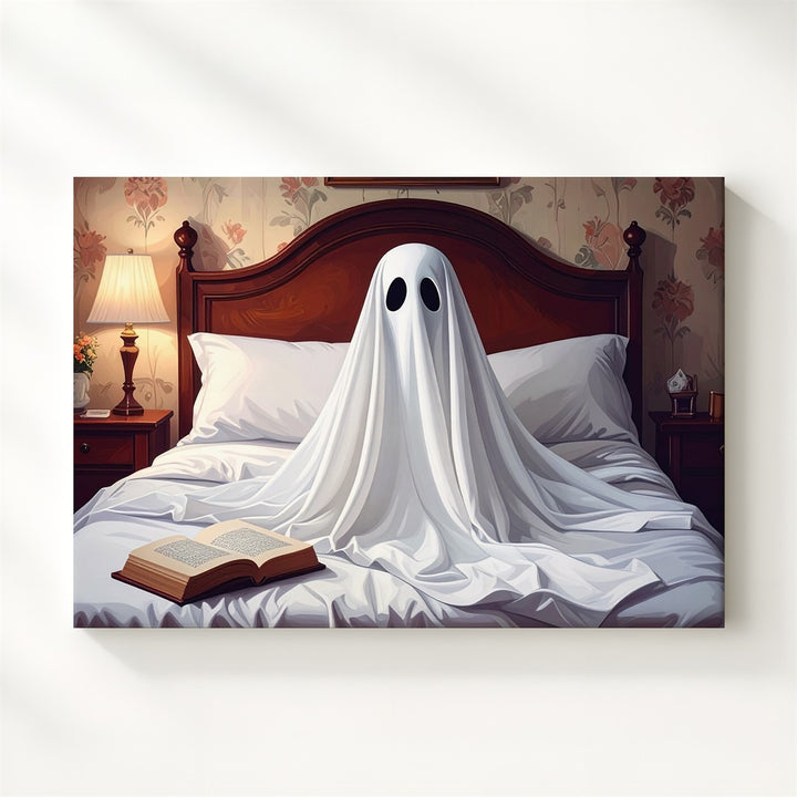 Reading Ghost in Vintage Bedroom Canvas – Serene Halloween Nostalgia Art - Gifitto