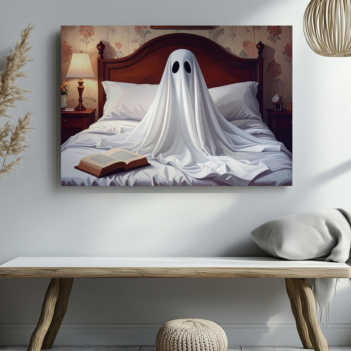 Reading Ghost in Vintage Bedroom Canvas – Serene Halloween Nostalgia Art - Gifitto