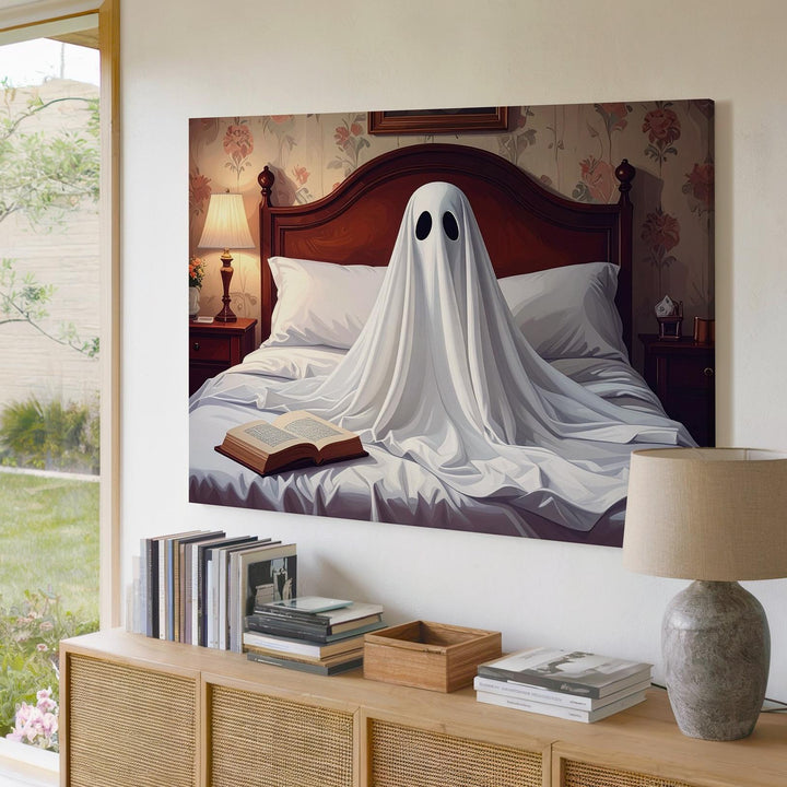 Reading Ghost in Vintage Bedroom Canvas – Serene Halloween Nostalgia Art - Gifitto
