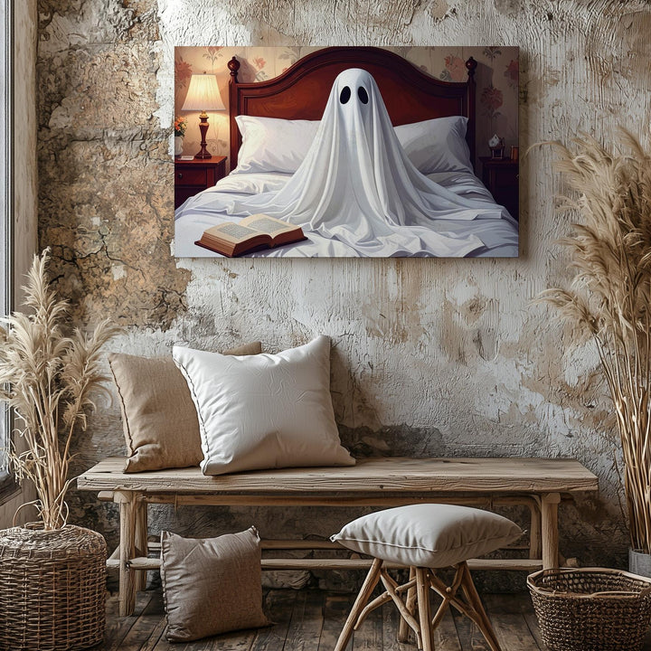 Reading Ghost in Vintage Bedroom Canvas – Serene Halloween Nostalgia Art - Gifitto