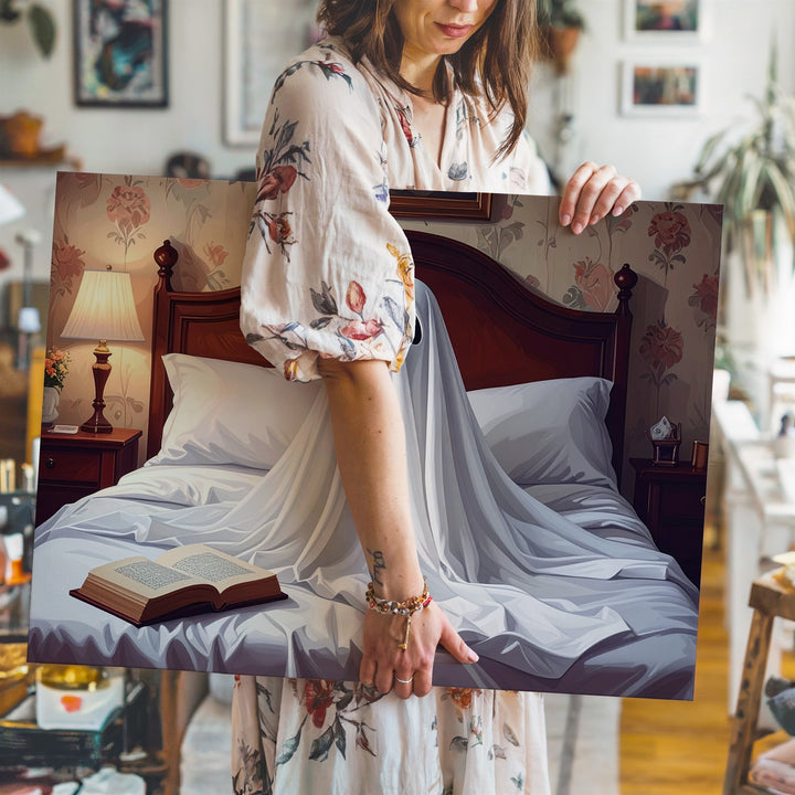 Reading Ghost in Vintage Bedroom Canvas – Serene Halloween Nostalgia Art - Gifitto