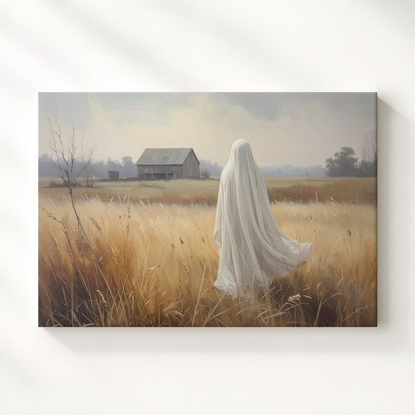 Ghost in the Wheat Field Canvas – Serene Spirit Facing Distant Barn - Gifitto