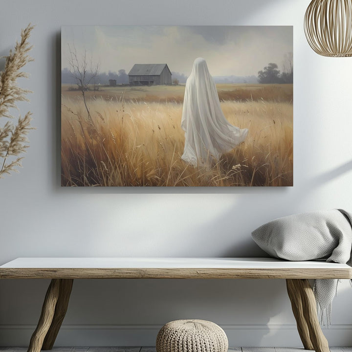 Ghost in the Wheat Field Canvas – Serene Spirit Facing Distant Barn - Gifitto