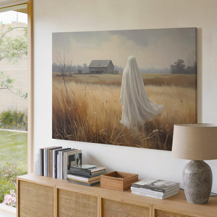Ghost in the Wheat Field Canvas – Serene Spirit Facing Distant Barn - Gifitto