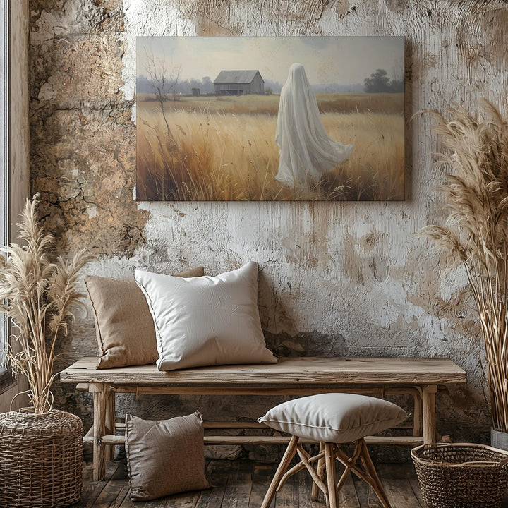 Ghost in the Wheat Field Canvas – Serene Spirit Facing Distant Barn - Gifitto
