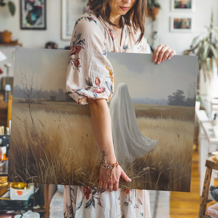 Ghost in the Wheat Field Canvas – Serene Spirit Facing Distant Barn - Gifitto