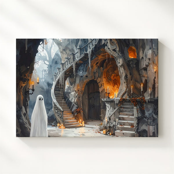 Ghost in Tree Chamber Canvas – Enchanted Halloween Woodland Hideaway Art - Gifitto
