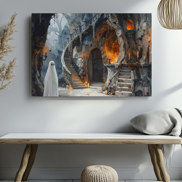 Ghost in Tree Chamber Canvas – Enchanted Halloween Woodland Hideaway Art - Gifitto
