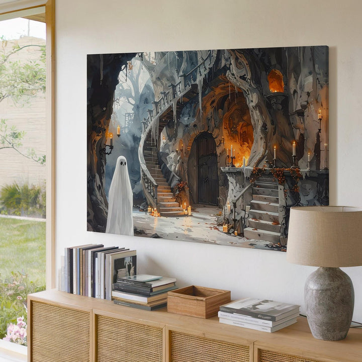 Ghost in Tree Chamber Canvas – Enchanted Halloween Woodland Hideaway Art - Gifitto